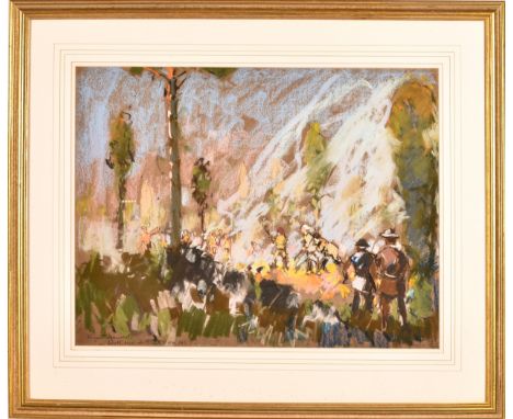 Arthur Henry Knighton-Hammond (British, 1875-1970) 'Heath fires at Churt' A dramatic scene with a large group of men working 