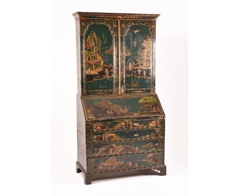A George III green lacquer Chinoiserie bureau bookcase, decorated all over with elaborate oriental scenes of figures, buildin