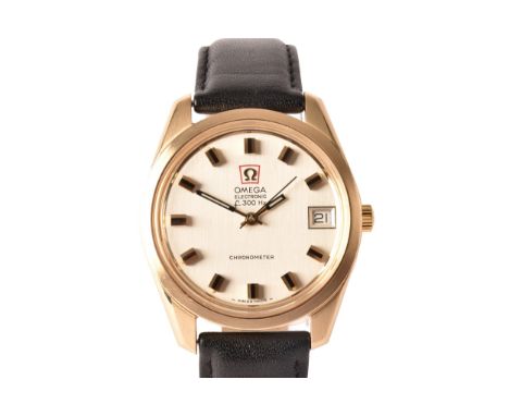 A 1970's Omega f300hz 9ct gold watch, the silver baton dial with sweeping second hand, case size 35 mm, numbered 32049722, ca
