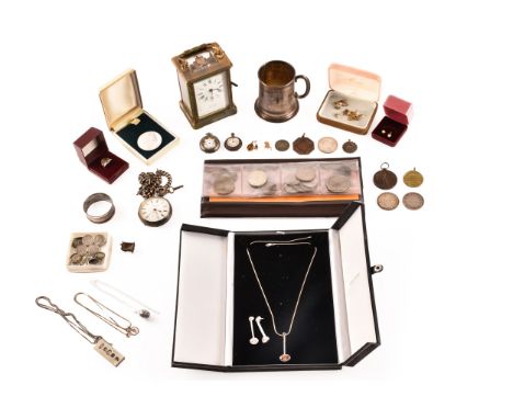 A collection of silver, watches and costume jewellery, including a carriage clock, a few silver antique pocket watch and chai