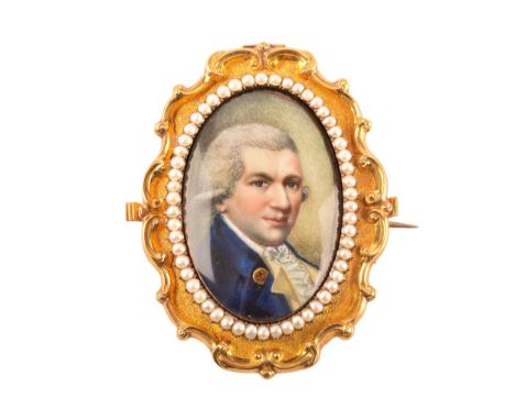 A 19th century yellow gold large oval brooch/pendant, the portrait miniature depicting the bust of a gentleman, surrounded by