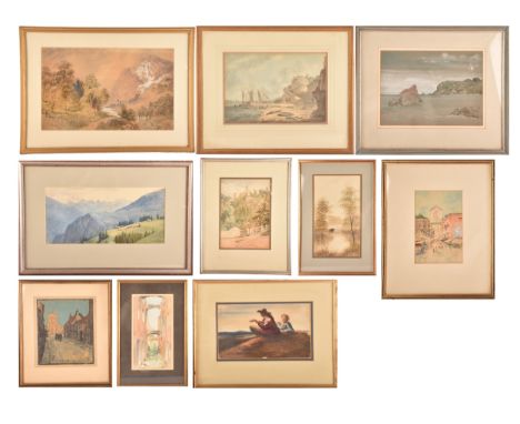 A large collection of artworks of various mediums and subjects, including several seascapes, one signed 'Harry Thomas '30', a