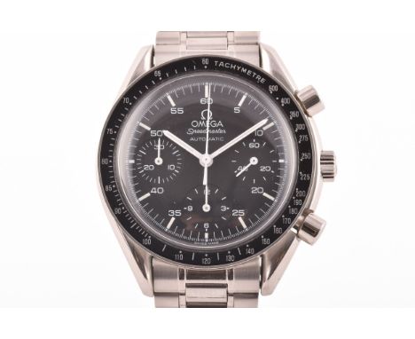 An Omega Speedmaster Reduced reference 175.0032 automatic stainless steel chronograph wristwatch, the black dial with luminou
