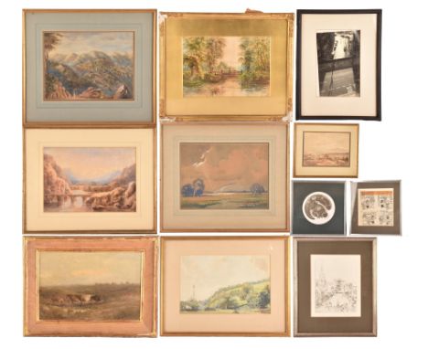 A collection of assorted artworks of various artists, subject matter and mediums, including an etching of a street scene by H