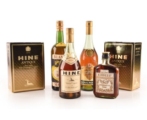 Two boxed bottles of Hine Antique Fine Champagne Cognac, 750ml, 40% volume, 80 proof, a bottle of Hine Vieux Cognac, 70 proof