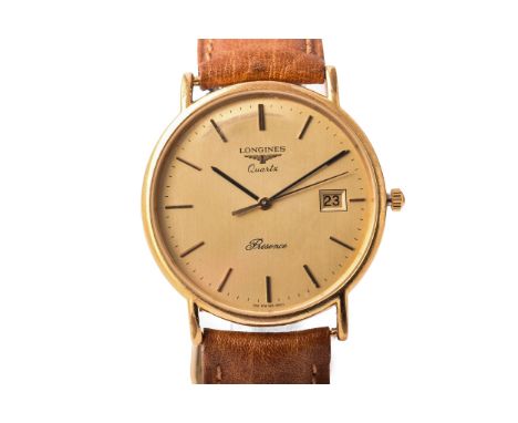 A Longines Presence gold plated stainless steel quartz watch on a tan leather strap, n. 1023583, serial no. 25165911, with tr