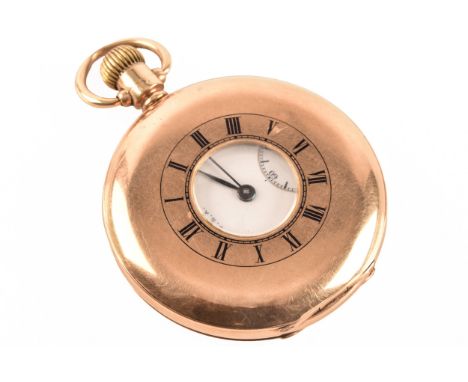 A Round Waltham 9ct yellow gold half hunter pocket watch, hallmarked for Chester 1925 by Benson Brothers, engraved and dated 