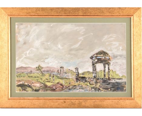 Paul Maze (French, 1887-1979). A early 20th century painting of a pagoda in a landscape with cloudy grey sky, 30.5 x 50cm, mo