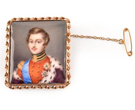 A 19th century yellow gold portrait miniature brooch, the portrait surrounded by a twisted gold border, with safety chain and