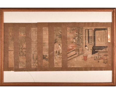 Six Chinese woodblock prints from the Ming Dynasty, framed as indicated by "明画二" (Ming Painting Two), depicting interior scen