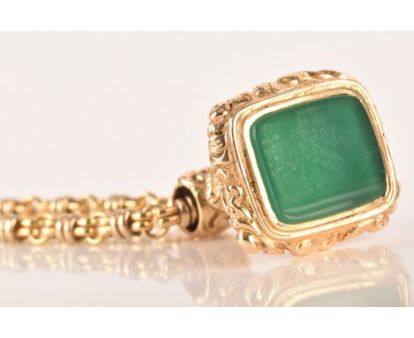 A antique ornate yellow gold chrysophase watch fob, on a 18ct yellow and white gold chain, 70 cm long, fob is accompanied by 