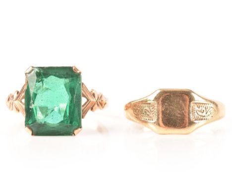 A 9ct yellow gold rectangular step cut green stone ring, with geometric detail to shoulders, size L, together with a 9ct yell