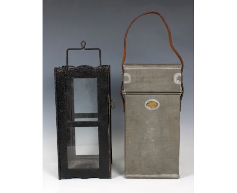 A British WWI folding glazed tinware trench lantern, an embossed brass plate identifying the makers as ?Christopher Collins, 