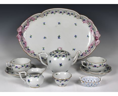 Herend Porcelain hand painted and gilded tete a tete, tea-for-two set on matching tray in blue garland Cornflower pattern, co