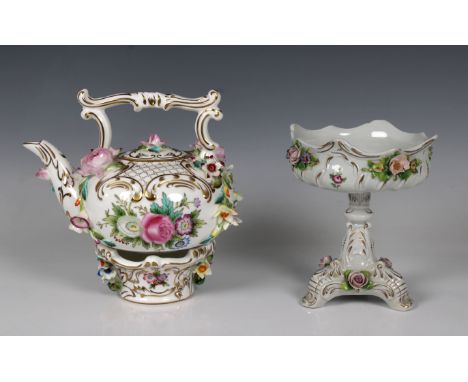 A 20th century Coalbrookdale by Coalport porcelain teapot on stand, encrusted with applied flowers, gilding and polychrome de