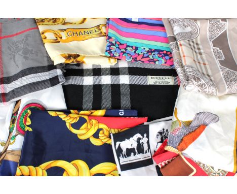 Ten silk and cashmere designer scarves, by and after Burberry, Chanel, Hermes, Gucci, Versace and other makers.(10)