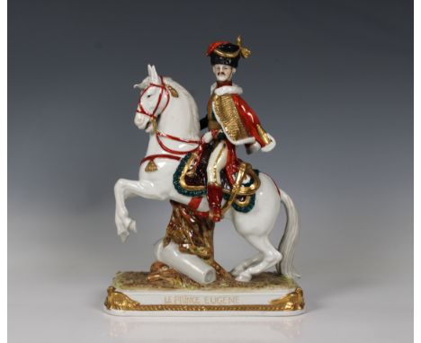 An Italian Capodimonte porcelain military figure of Prince Eugene de Beauharnais, inscribed "Le Prince Eugene" on side of bas