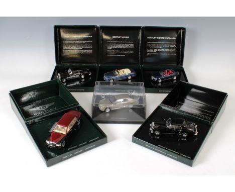 Six boxed 1:43 scale Bentley Classic Models by Minichamps, to include Mulsanne, silver; 2 x S1 Continental Flying Spur, black