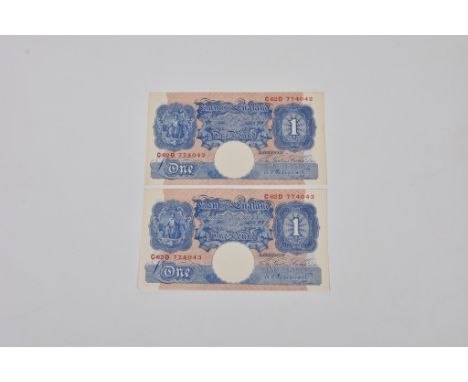 British Banknotes - consecutive pair One Pounds, c.1940, Signatory K. O. Peppiatt, serial numbers C62D 774042 &amp; C62D 7740