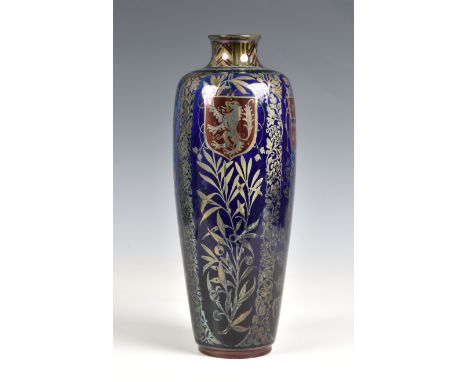 William Salter Mycock for Pilkington, a Royal Lancastrian Heraldic lustre vase,, 1922, painted with four alternating red shie