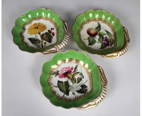 Three early 19th century Coalport porcelain botanical shell shaped serving dishes, decorated with flowers and fruit within a 