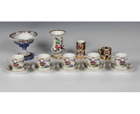 Five Royal Worcester coffee cups &amp; saucers, marked beneath "Rd No. 608482" and factory marks, all of small proportions, t