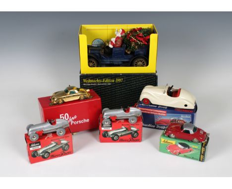 Six vintage Schuco toy cars, to include Porsche 50th Anniversary model - 0249 (No.1047) "Gold" plated version, green windows,