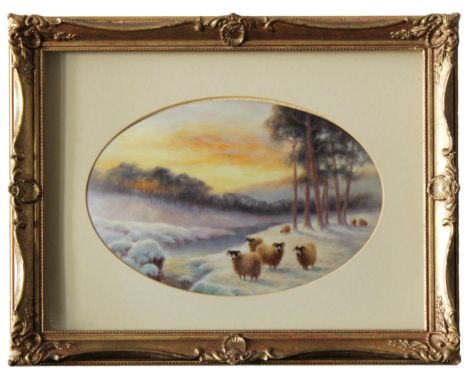 A hand painted convex ceramic tile by ex Royal Worcester artist Milwyn Holloway of highland sheep, in rebated gilt frame, til