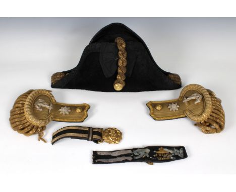 British Royal Navy full dress hat (bicorn) set, consisting of bicorn hat with bullion knotted cord leading to gilt king's cro