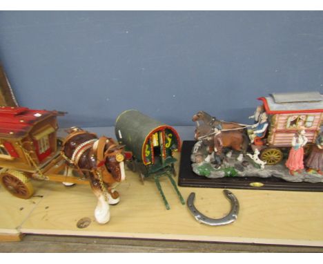 Ceramic horse with wagon, Leonardo living wagon ornament nd a wooden made Gypsy wagon