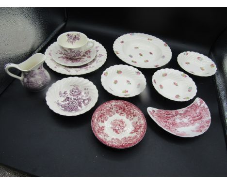 Clarice Cliff transfer ware in pink, purple and floral pattern