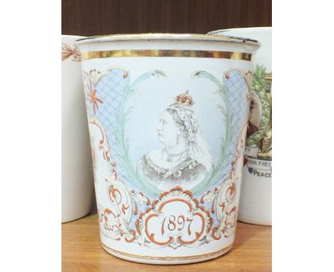 A Queen Victoria 1837-1897 enamel beaker and a collection of various commemorative ceramic beakers and mugs, some with damage