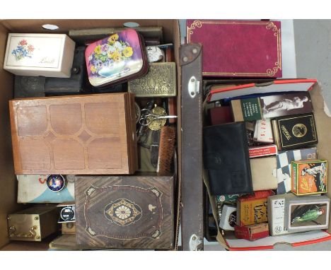 A collection of various sets of playing cards, boxes, metal ware and other miscellanea. 