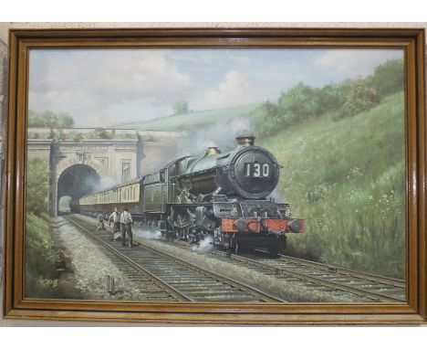 M Jefferies,&nbsp; No.130&nbsp; Steam Engine passing Through a Tunnel with Workmen on the other Track, a signed oil painting 