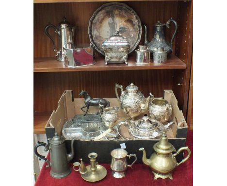 A three-piece embossed silver plated tea service,&nbsp;a plated salver, an octagonal plated box with hinged lid and lion mask