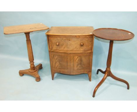 A rectangular mahogany table on tripod support, 54 x 40cm, three other tripod tables and a Georgian mahogany commode chest, 6