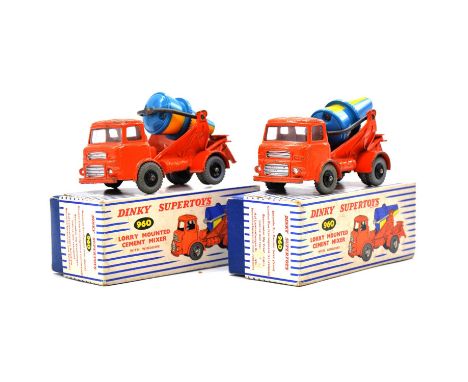 Dinky Supertoys die-cast model vehicles, two ref. 960 lorry mounted cement mixer, orange body, play worn, one missing front w