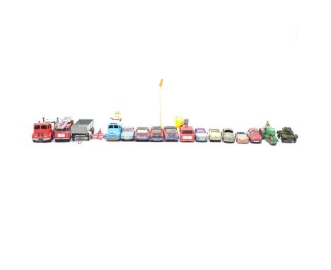 Seventeen die-cast model vehicles, including Dinky Supertoys Foden flatbed lorry, two broken stanchions; Corgi Chevrolet Impa