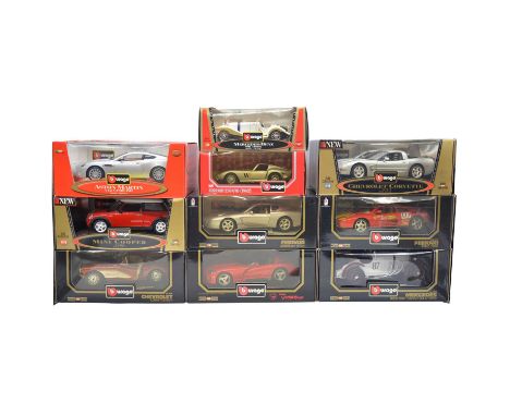 Burago die-cast model vehicles, ten including ref. 3025 Dodge Viper RT/10, red livery; ref. 3039 Ferrari 348tb; ref. 3034 Che
