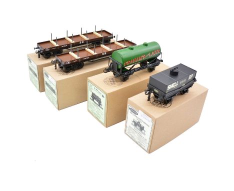 ETS O gauge model railway freight wagons, four including ref. WJV01085 SR bogie bolster wagon (x2); ref. WJV01135 Shell/BP re