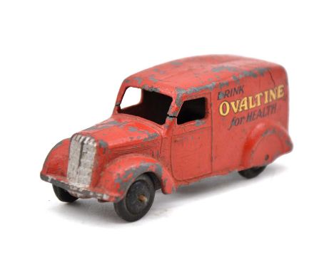 Pre-war Dinky toys die-cast model vehicle, ref. 28T 'Ovaltine', red body, rubber wheels with some flattening, crack in centre