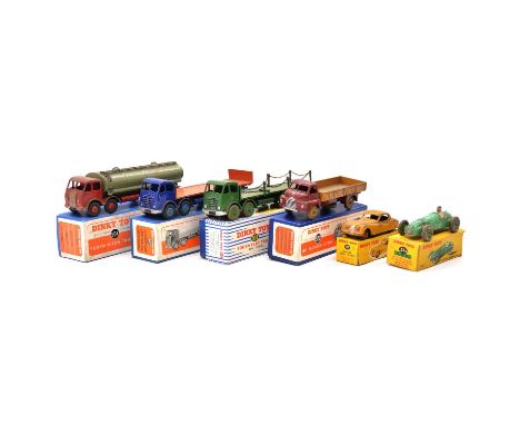 Dinky Toys die-cast model vehicles, six including ref. 23J H.W.M racing car, green; ref. 503 Foden flat truck, blue and orang