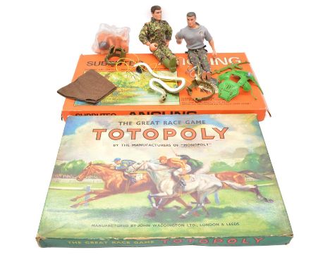 Three action figures and two board games, including two Action Man action figures with accessories; a hard head Action Man by