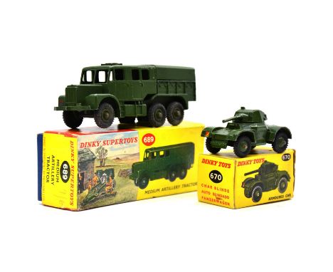 Dinky die-cast model vehicles, two including Dinky Supertoys ref. 689 medium artillery tractor; Dinky Toys ref. 670 armoured 