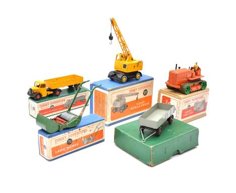 Dinky Toys die-cast models, five boxed examples including ref 751 Lawn Mower; ref 521 Bedford Articulated Lorry; ref 563 heav