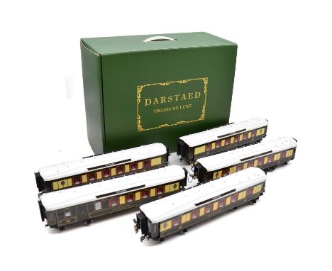 Darstaed Trains De Luxe O gauge model railway 'Cunarder' Pullman coach set, five coaches including 'Rosamund' kitchen 1st cla