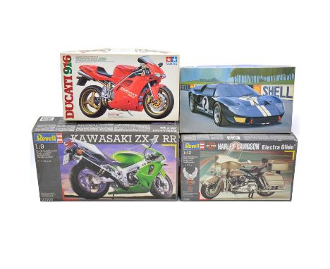 Scale model vehicle kits, four including Tamiya ref. 14068 Ducati 916, some parts unsealed, painted and construction begun; R