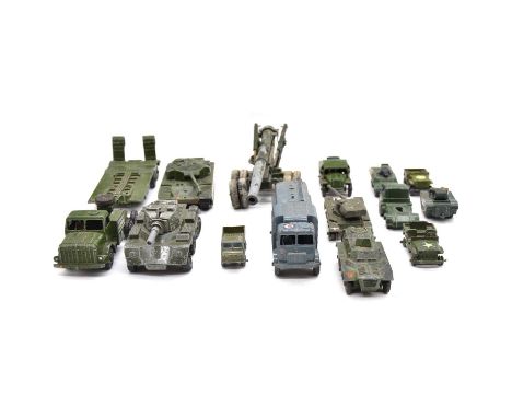 Die-cast military vehicles, fourteen including Dinky Toys Char AMX; Dinky Supertoys tank transporter; Husky Land Rover; Match