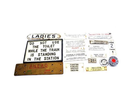 Metal, enamel and other railway signs, including 'Do not use the toilet while the train is standing in the station' metal sig