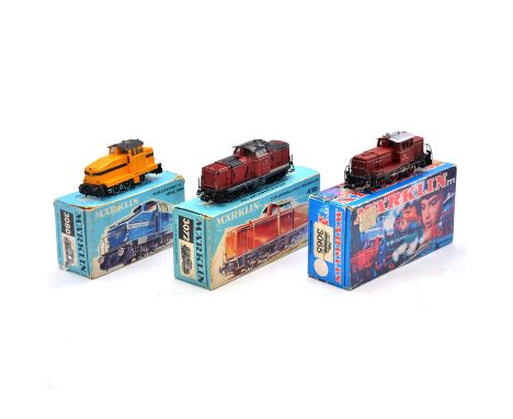 Marklin HO gauge model railway locomotives, three including ref. 3080 0-6-0 diesel shunter, yellow; ref. 3072 DB V100 diesel 